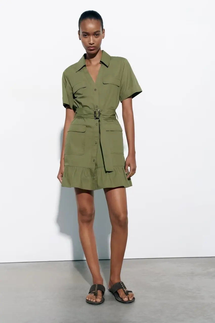 

Новинка, женское однобортное платье из поплина в европейском и американском стиле с коротким рукавом, отложным воротником и поясом