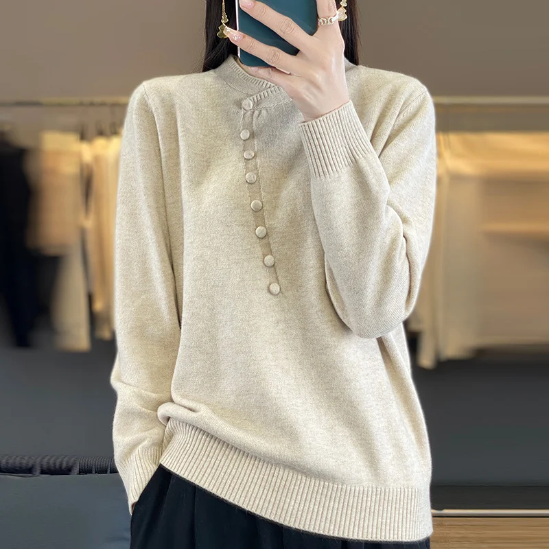 Весенне-осенний свитер женский вязаный с круглым вырезом топы длинными рукавами