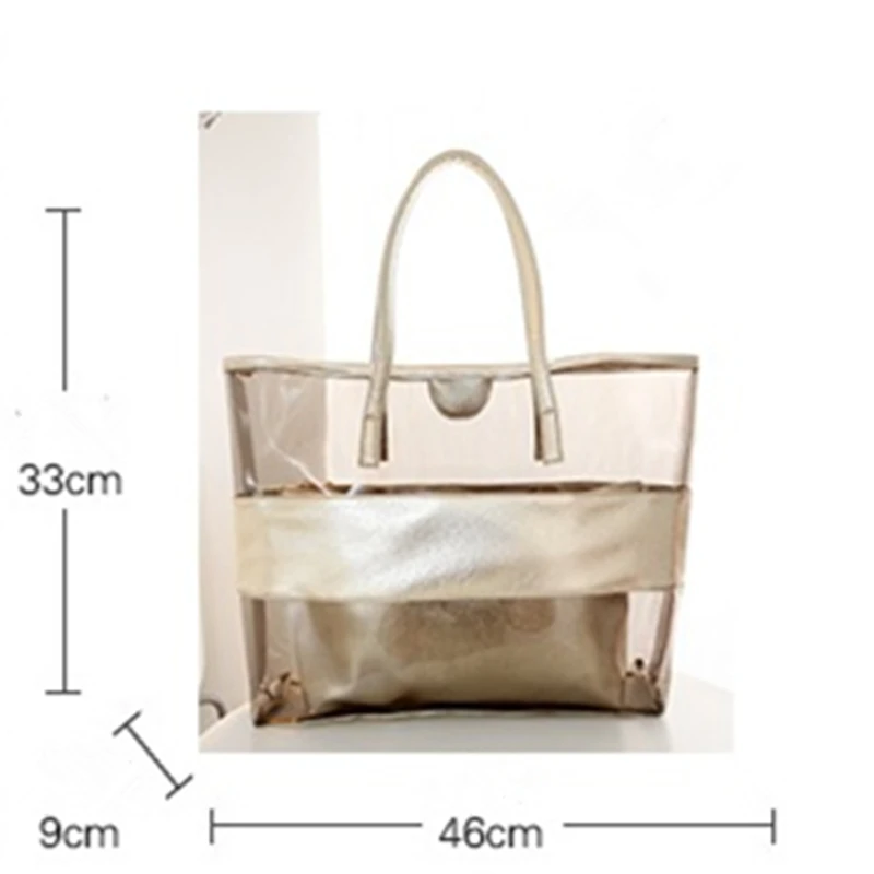 Women Pvc Transparent Bag Jelly Clear Beach Bags Handbag Women Big Tote Shoulder Bag Luxury Female Shopping Bags Silver