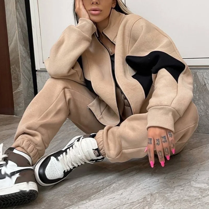 

Женский спортивный костюм с длинным рукавом, элегантный свободный костюм из двух предметов с лоскутным пальто на молнии и спортивные брюки ...