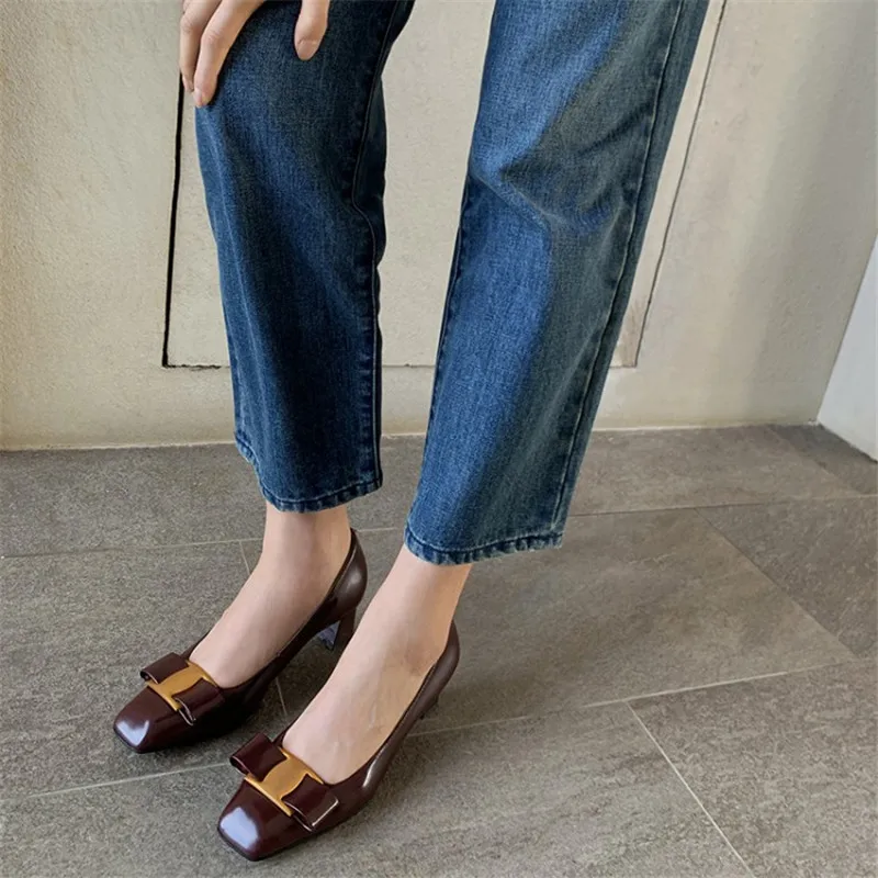 

2021 Spring/Autumn Women Shoes Split Leather Shoes Women Square Toe Square Heel Women Pumps Solid Butterfly-knot Shoes for Women