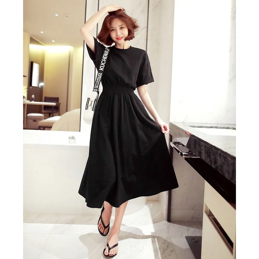 

반팔 허리밴딩 롱 원피스