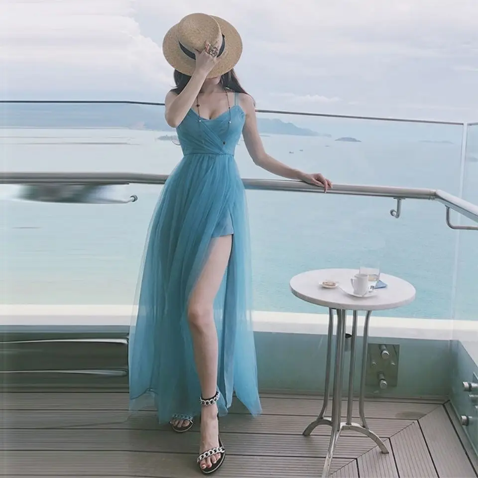 

Женское летнее платье-трапеция без рукавов, однотонное длинное пляжное платье из газовой ткани, B28, 2022