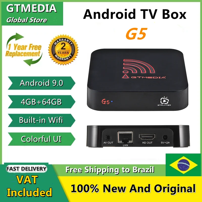 

GTMEDIA G5 Android 9.0 Bluetooth Smart TV Box, 4K HDR 3D Amlogic S905X2 4GB+64GB Quad-Core ARM, 2.4G+5G WIFI, Fast Set top box
