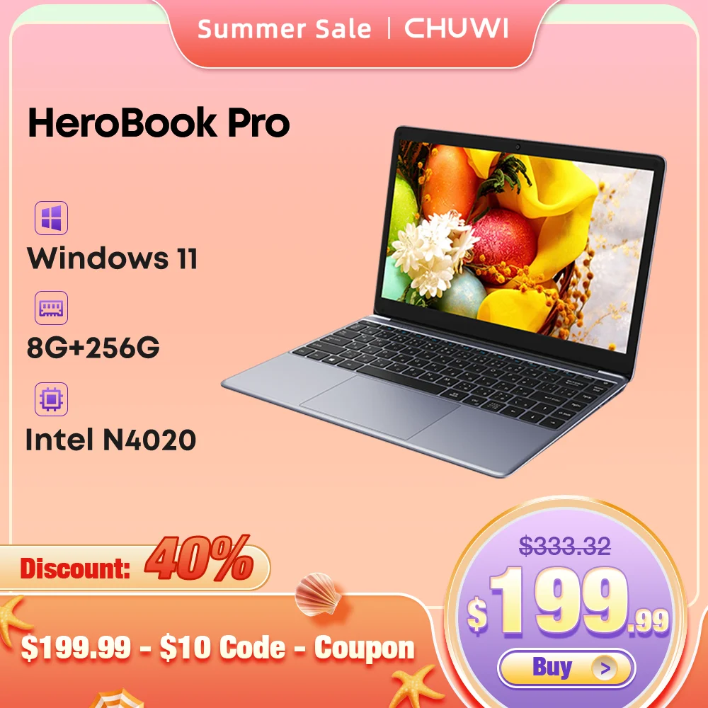 CHUWI HeroBook Pro 14.1" 1920x1080 Resolution Intel Celeron N4020 Dual Core Windows 10 OS 8GB RAM 256GB SSD Laptop with Mini HD