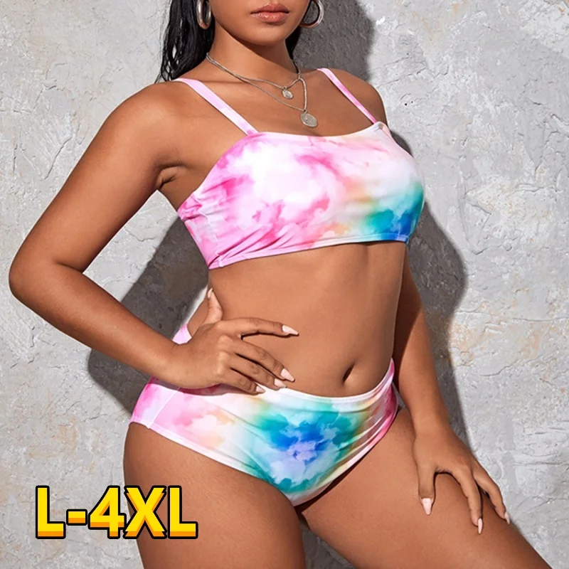 

2022 New Bikini Set Tie-Dye Strap Shoulder Tied High Waist Large Size Swimsuit Split Swimsuit