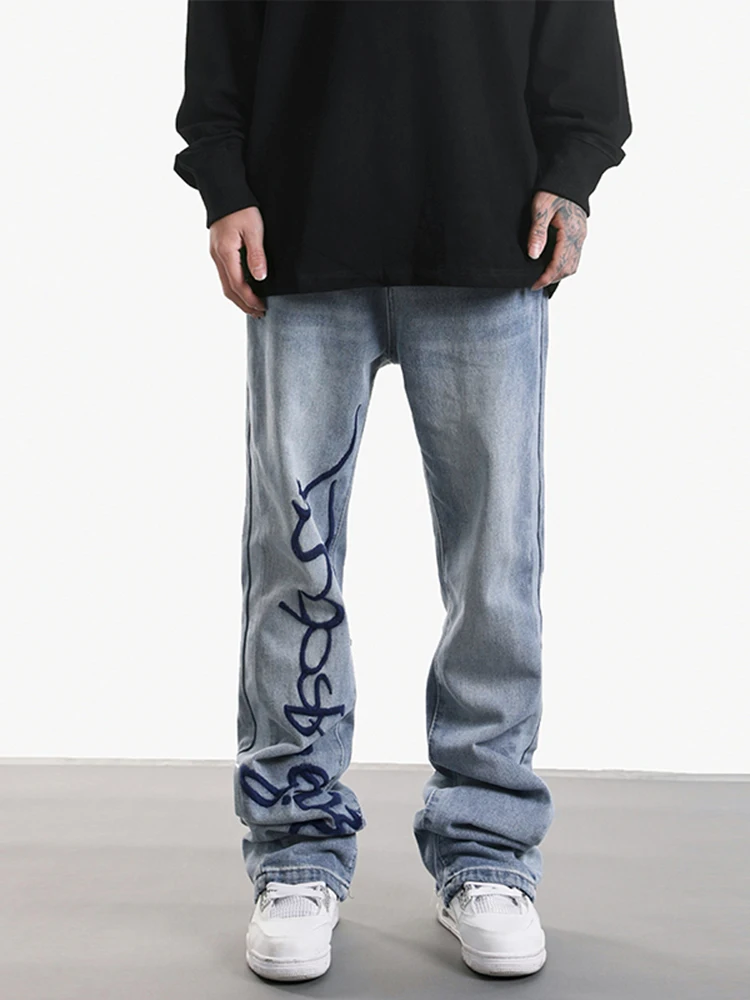 

Men Pants Solid Color Printing Graphic Jeans American Y2k Retro Wide -leg Letter Embroidered Micro -hip Hip -hop Street Clothing