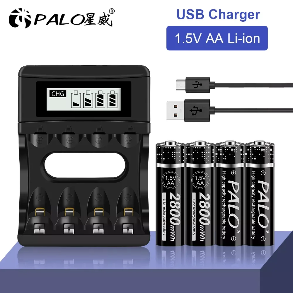 

PALO 1.5V AA Li-ion Battery Charger Lithium 2800mWh 1.5 V Liion AA Rechargeable Batteries for Remote Control Toy Battery Light