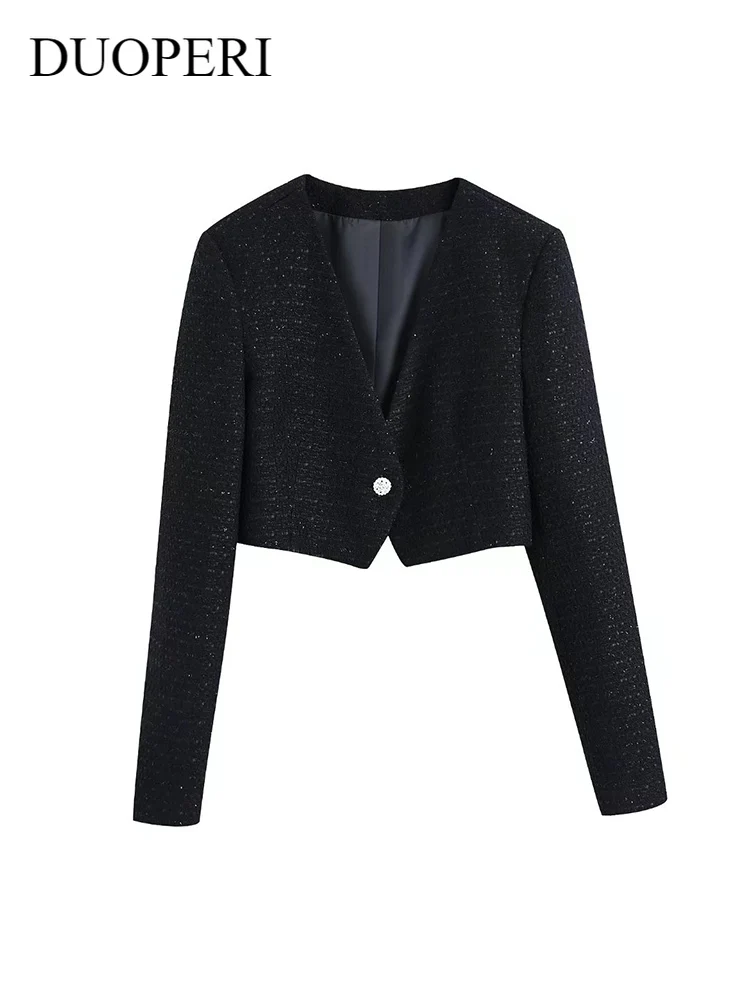 

DUOPERI Women Fashion Solid Texture Single Button Cropped Blazer Vintage Long Sleeves V-Neck Female Chic Lady Crop Top
