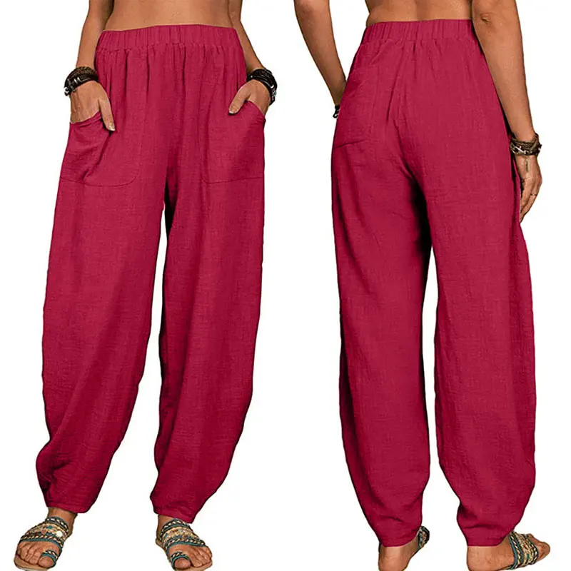 

Брюки-султанки женские хлопково-льняные с эластичным поясом и широкими штанинами