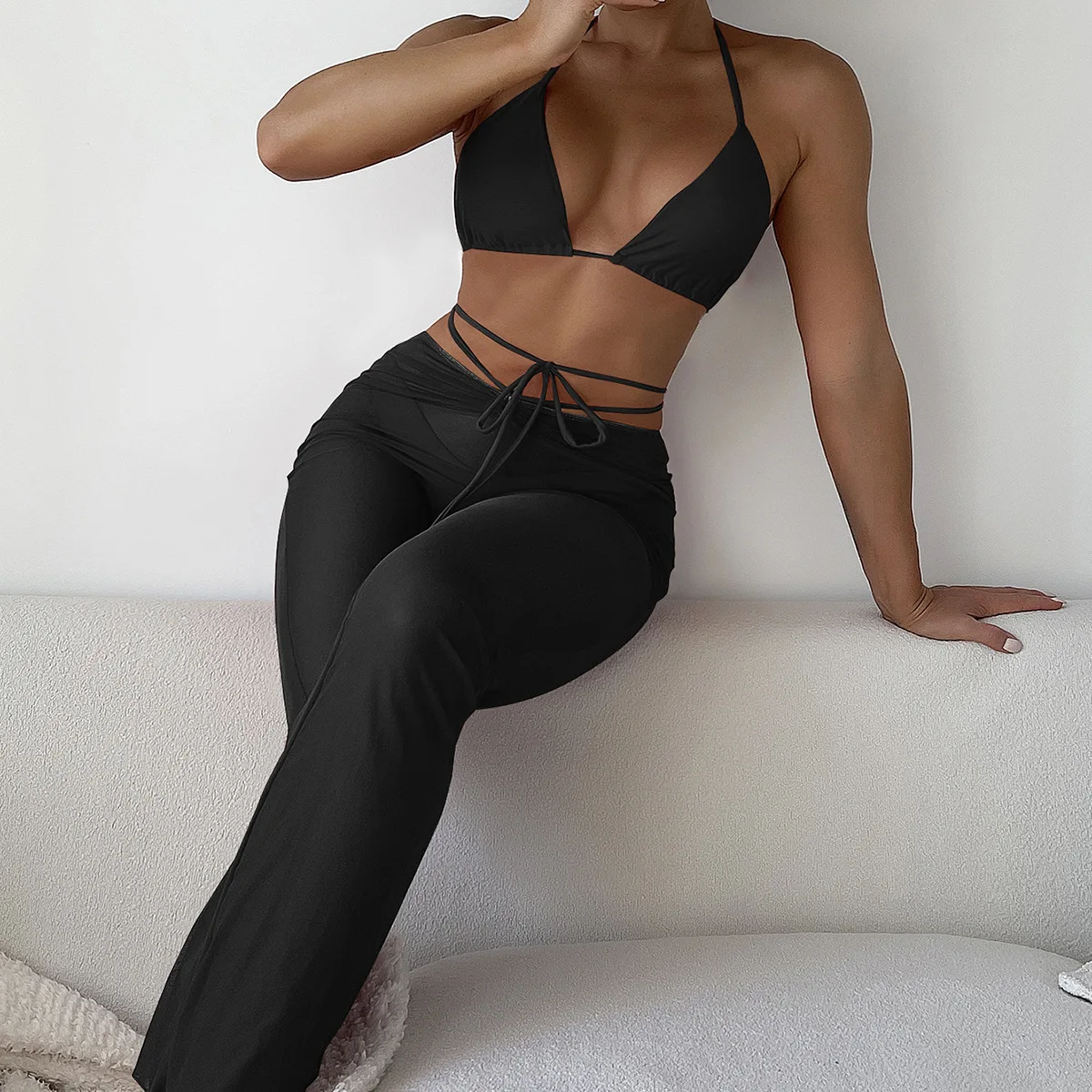 

2022 New Sexy Black Chiffon Trousers Bra Thongs Three-pieces Sexy Bikinis Swimsuit Swimwear Women High Waist Bikini Set Trikinis