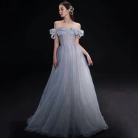 fashion off the shoulder evening dress light blue strapless pearl bow sweet wedding party gonws for elegant women