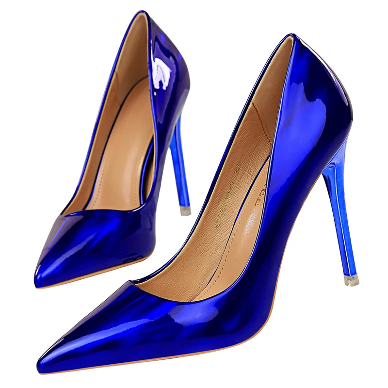 

2022 Women 10.5cm High Heels Blue Green Valentine Pumps Luxury Glossy Stripper Stiletto Wedding Bridal Fetish Shoes Plus Size 43