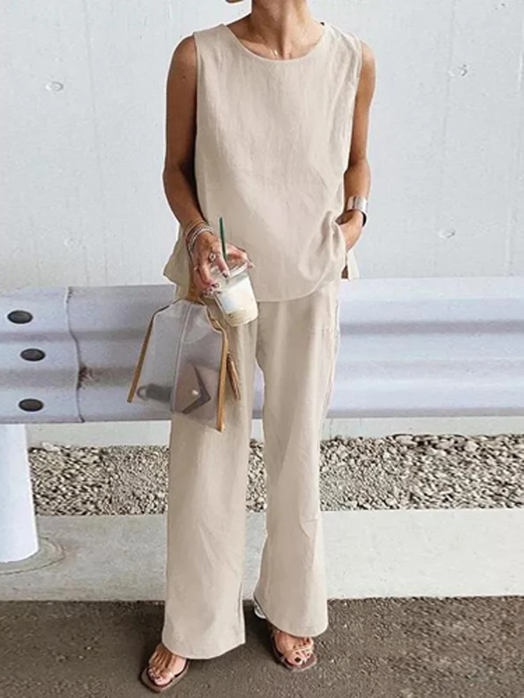 

Solid Cotton Linen Outfits Women Casual O Neck Sleeveless Pullover Blouse and Straight Pants Suits Summer Casual Loose 2Pc Sets