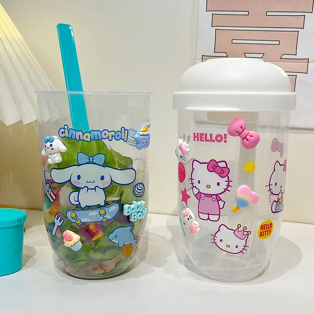 

Kawaii Sanrio хобби из аниме Hello Kitty Kuromi Cinnamoroll Мультяшные девушки портативная салатная чашка с крышкой и вилкой чашка для потери жира