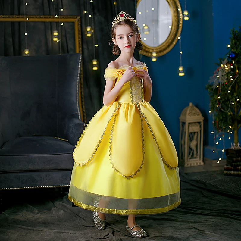 

Disney Cosplay Beauty and The Beast Belle Princess Dress Halloween Tutu Skirt Cotton Girl Flower Gem Spring Autumn Winter