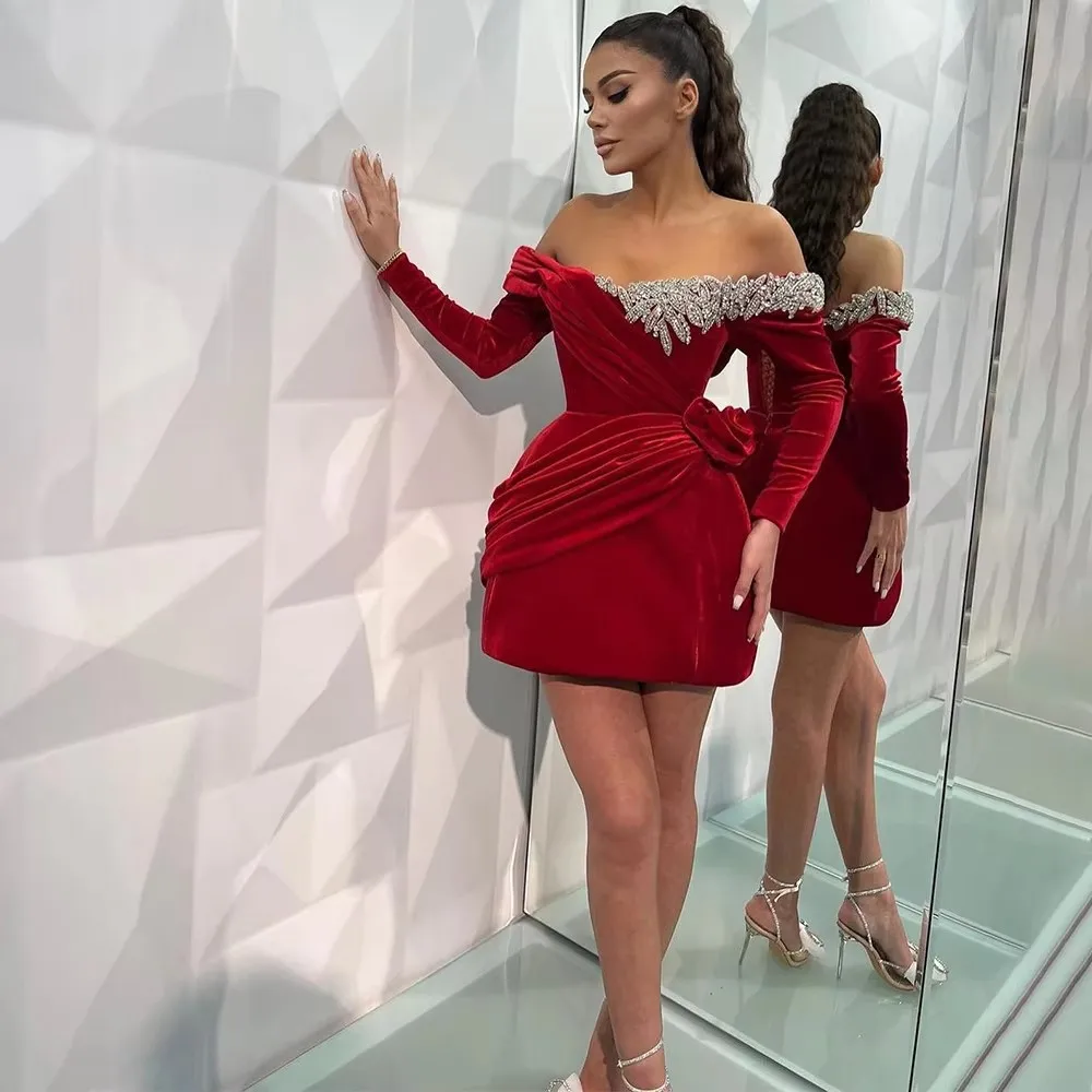 Shining Red Velvet Cocktail Dress Mini Off the Shoulder Long Sleeves Gown Short Sparkle Crystal Sexy Birthday Party