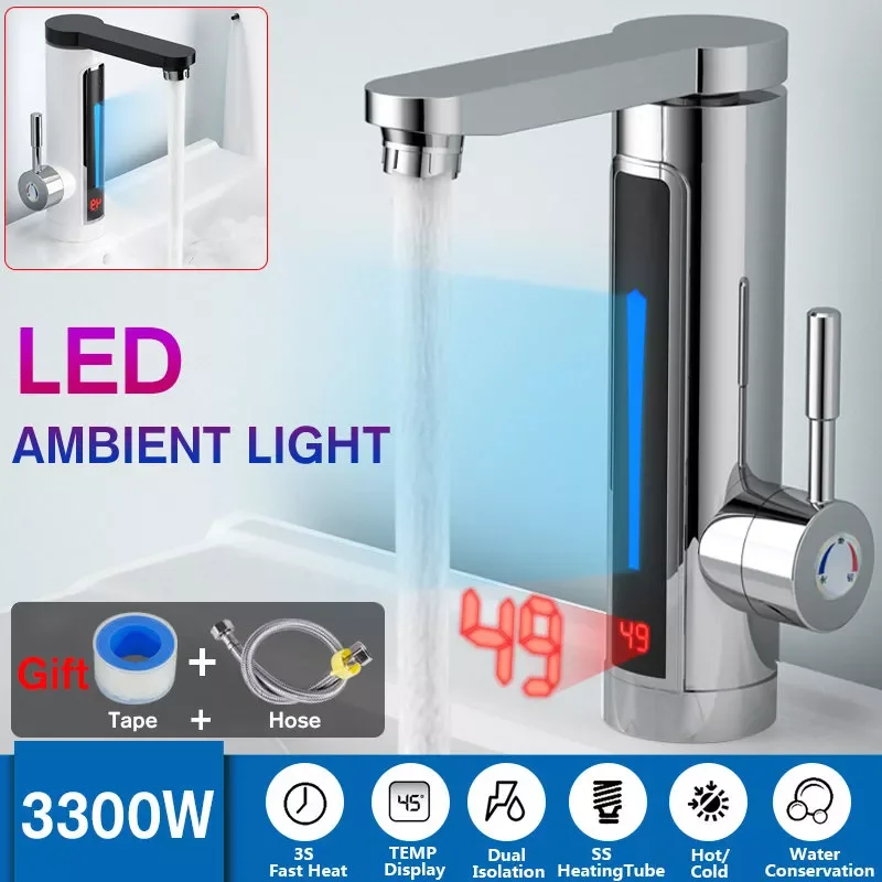 

3300W Electric Water Heater Instant Heating Faucet Temperature Display With LED Ambient Light Bathroom Quickly Heating Tap