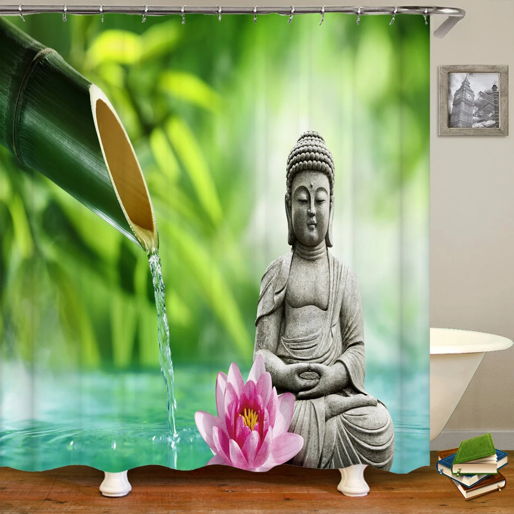 

Rural Landscape Creek Stone Lotus Buddha Shower Curtain Bath Curtain Frabic Waterproof Polyester Bathroom Curtain with Hooks