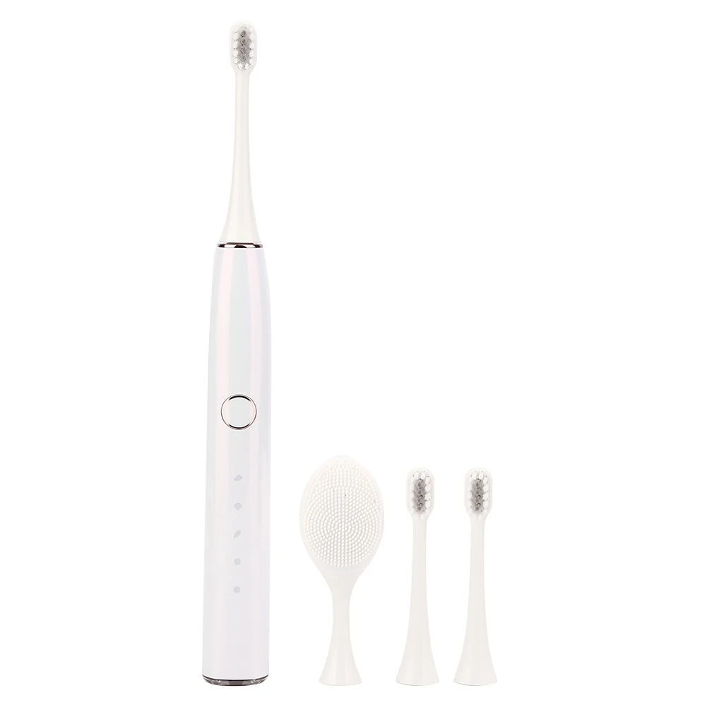 

White Ultrasonic Electric Toothbrush Adult Dual Use Face Cleaning Brush Head Silicone Soft Hair Teeth Whitening Tool 5kinds Mode