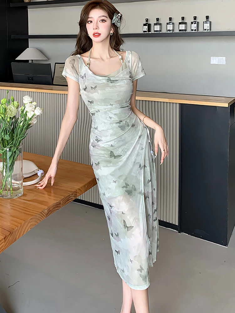 Женское длинное пляжное платье с принтом элегантное облегающее в Корейском