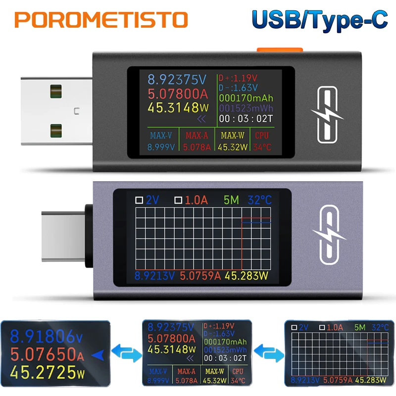 UT01U UT03C USB/Typ-C Multifunktions-Digital-DC-Spannungs-Amperemeter Leistungsmesser DC 4-30 V Voltmeter Amperemeter Ladegerät Kapazitätstester