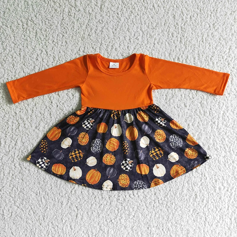 

Wholesale Fashion Baby Girl Thanksgiving Pumpkin Twirl Dress Toddler Orange Long Sleeve Children Clothing Kids Holiday Clothes