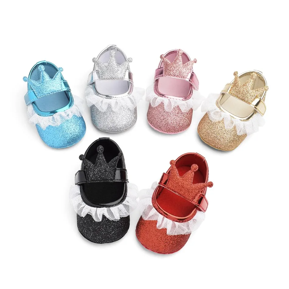 Princess Elsa Prewalker Baby Girl Shoes 1 Year Toddler Girl Crib Shoes Bling Blue Red Lace Moccasins Baby Crown Rhinestone Shoes images - 6
