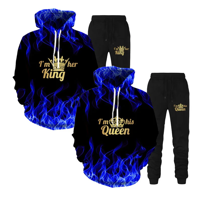 Спортивный костюм для пары свитшот с капюшоном и 3D принтом король королева его ее