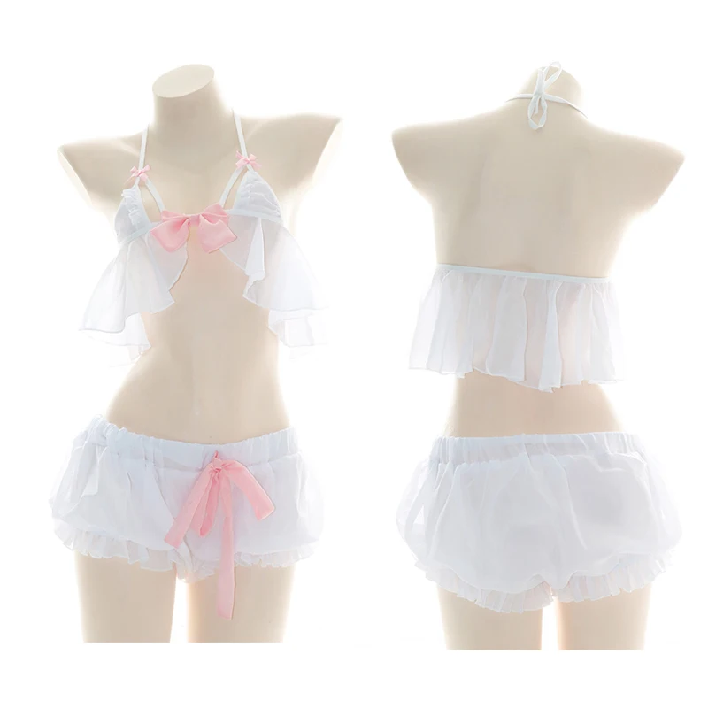 

Женская шифоновая ночная рубашка Lolita с оборками, сексуальное бикини с лямкой на шее, пижамы с бантиком, аниме, блестящие шорты, нижнее белье, ...