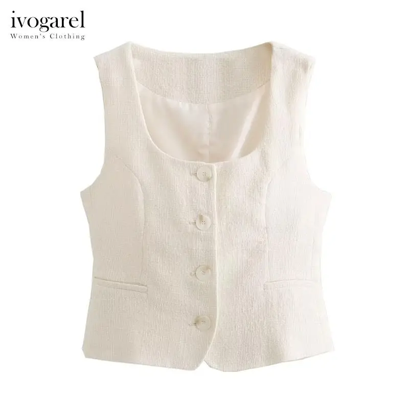 

Ivogarel Chic Waistcoat with aSquare Neckline Women's Elegant Sleeveless Jacket with False Welt Pockets and Button Fastening