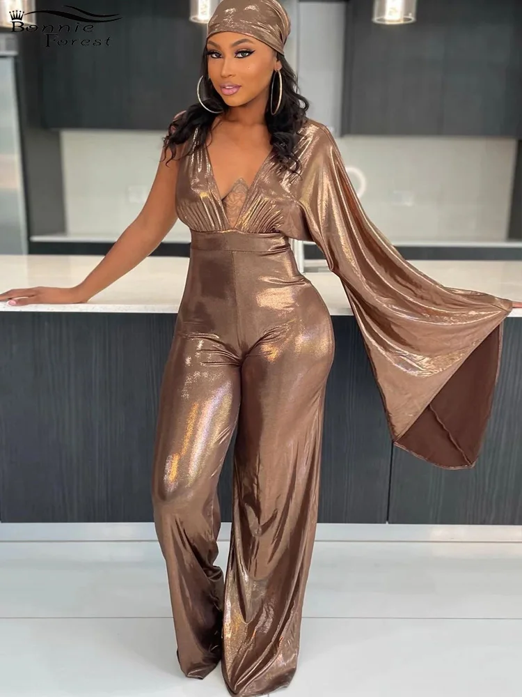 

Bonnie Forest Shiny Metallic Jumpsuits For Women Fashion Batwing Sleeve Wide Legs Jumpsuits One Piece Overalls Sexy Clubwear