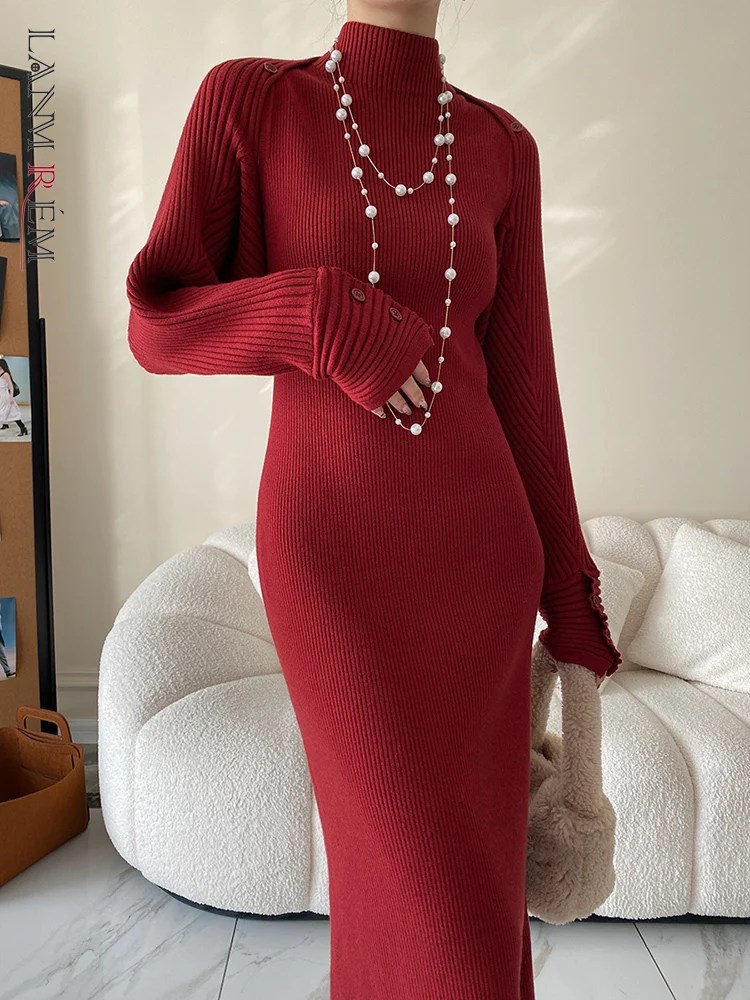 

LANMREM Knitting Pullover Solid Dress For Women Turtleneck Long Sleeve Casual Slim Dresses Female Elegant Autumn Winter 2L2172