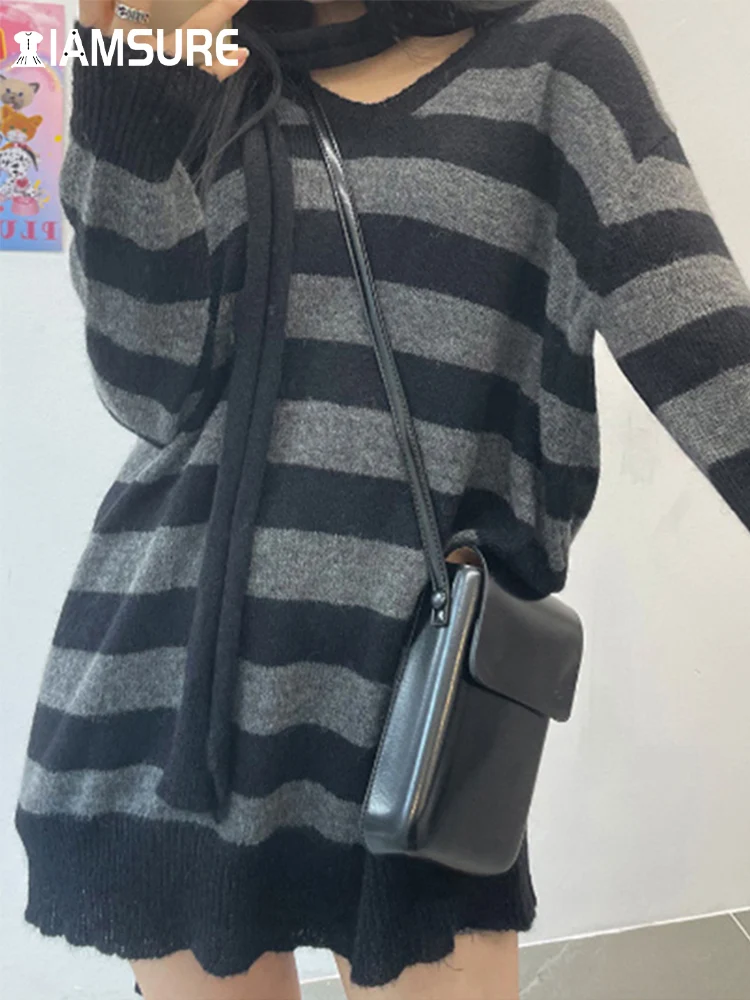 

IAMSURE Casual Streetweear Striped Dress Loose Basic V-Neck Long Sleeve Mini Dresses For Women 2022 Autumn Winter Fashion Lady