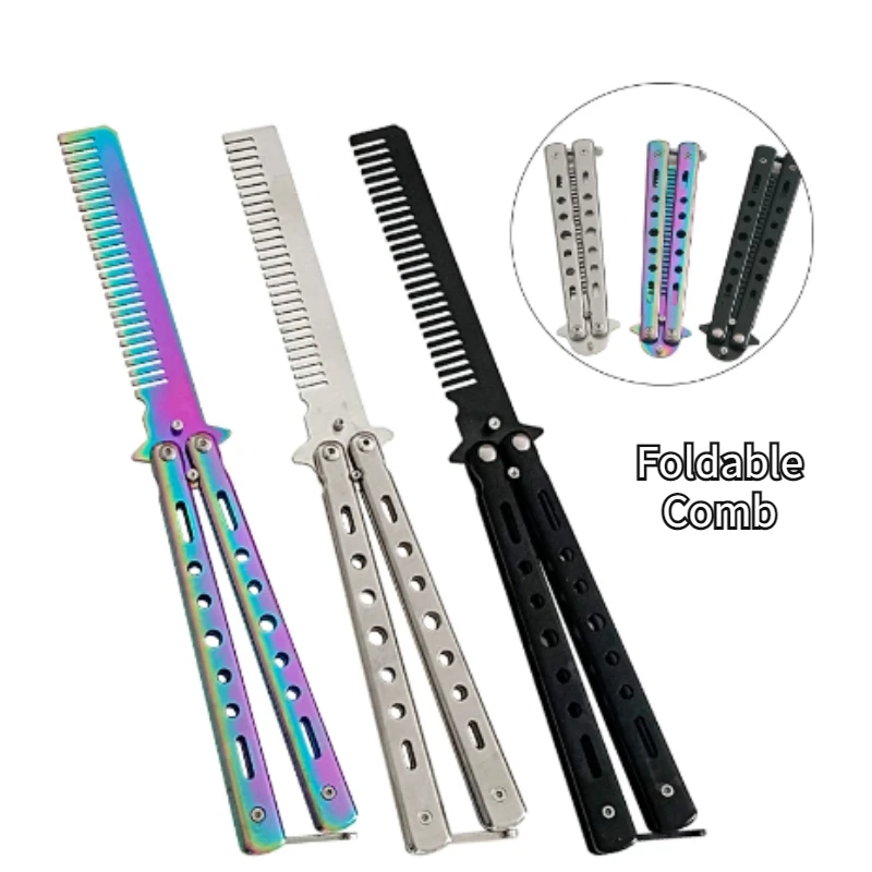 

Foldable Comb Stainless Steel Practice Training Butterfly Knife Comb Beard Moustache Brushe Salon Hairdressing Styling Tool