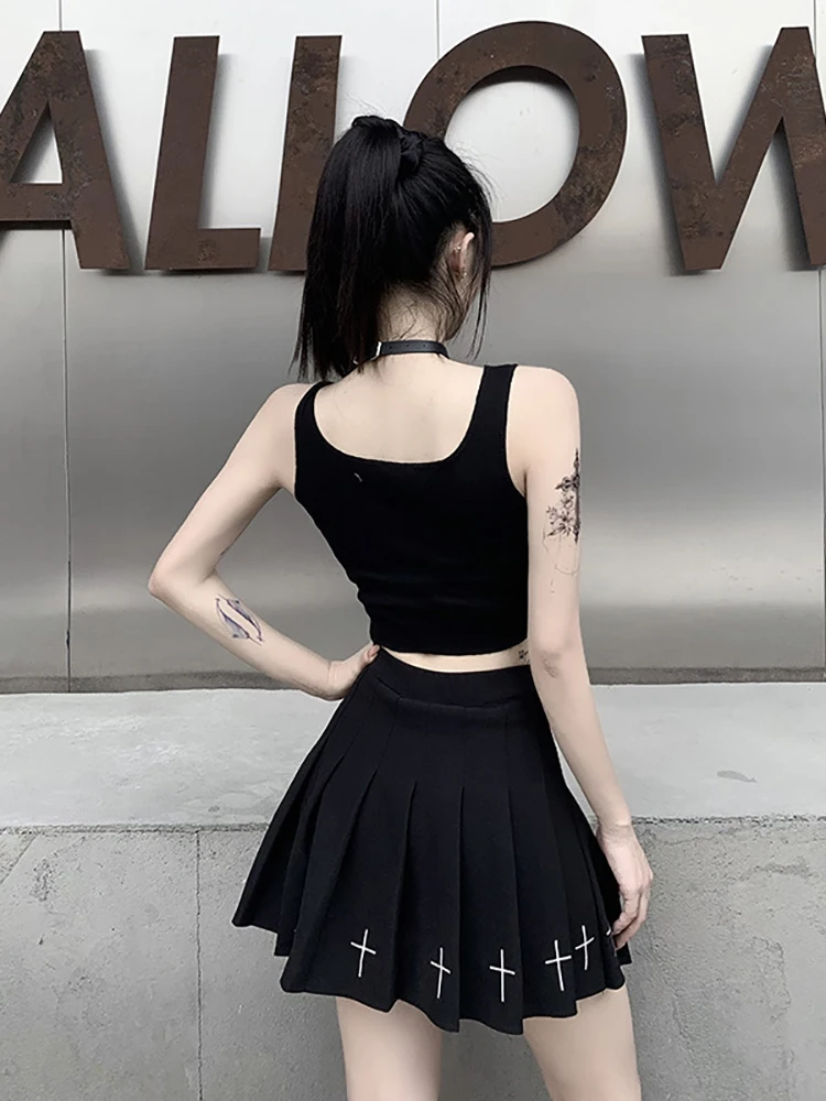Goth Dark Punk Style Patchwork Tank Tops Aesthetic Letter And Graphic Print Women Crop Top Color Blocking Sleeveless Streetwear