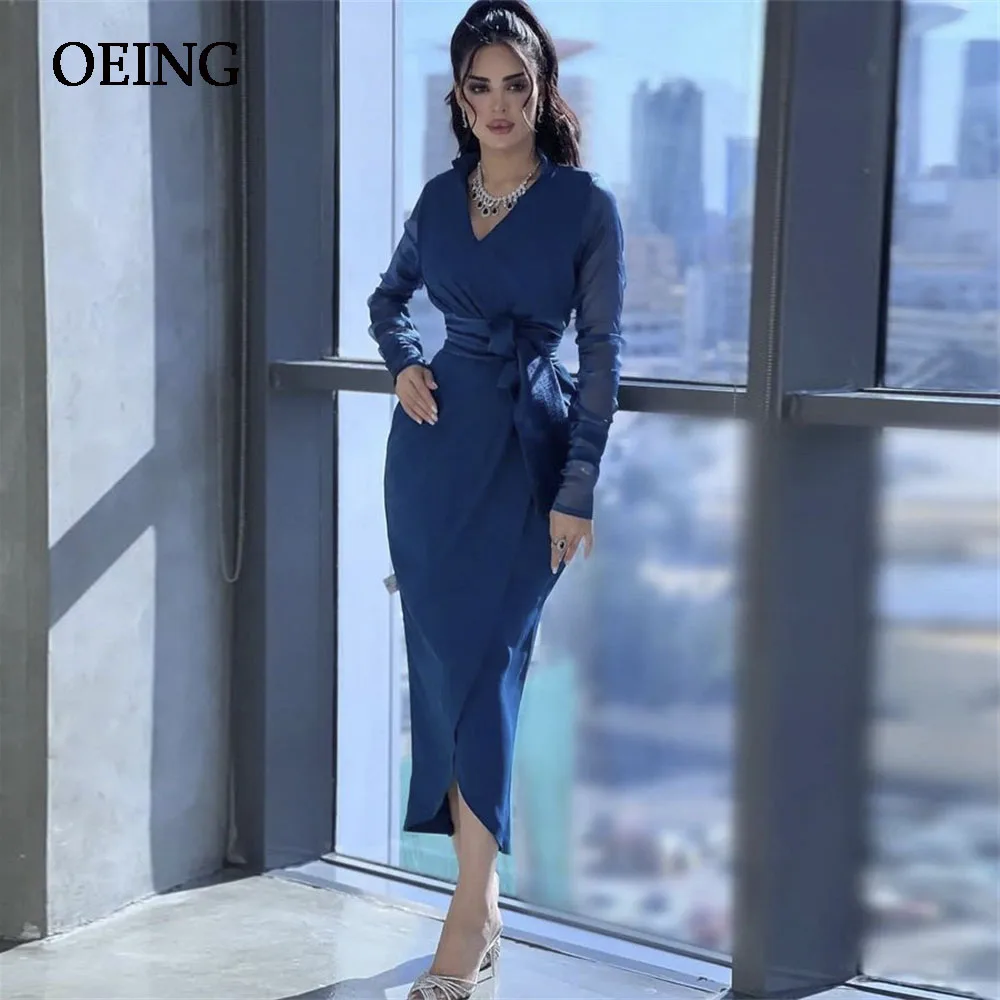 

OEING Navy Blue Evening Dress Mermaid Stain V Neck Prom Dresses Tea Length Dresses Formal Occasion Elegant Vestidos De Fiesta