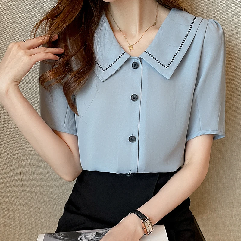 Летние шифоновые рубашки с кукольным воротником и короткими рукавами женская
