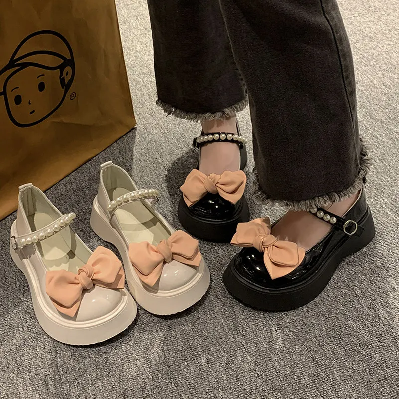 

Bow-Knot Women's Shoes Platform British Style Pearl Decorateion Oxfords Female Footwear Butterfly Clogs New Preppy Beading Leath
