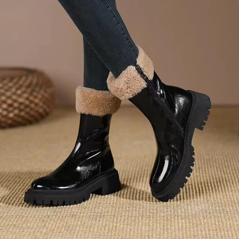 

COZOK Winter Fur Snow Boots Women British Style Ankle Plush Warm Shoes Outdoor Round Toe Square Heel Zipper Chelsea Boots