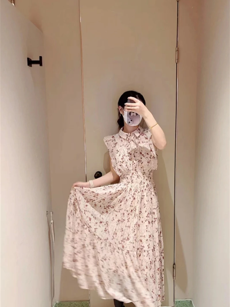 

F GIRLS Spring Summer 2023 Print Fresh Vestidos De Mujer Flying Sleeve Lace-up High Waist Dresses Pleated Temperament Slim Robe