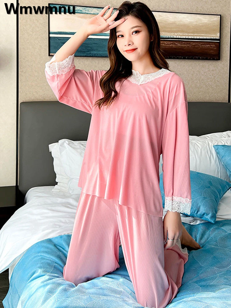 

Women Ice Silk Lace Pajama Sets Spring Loungewear Suits Soft Long Sleeve Sleepwear 2 Piece Conjunto Pants Nightwear Outfits