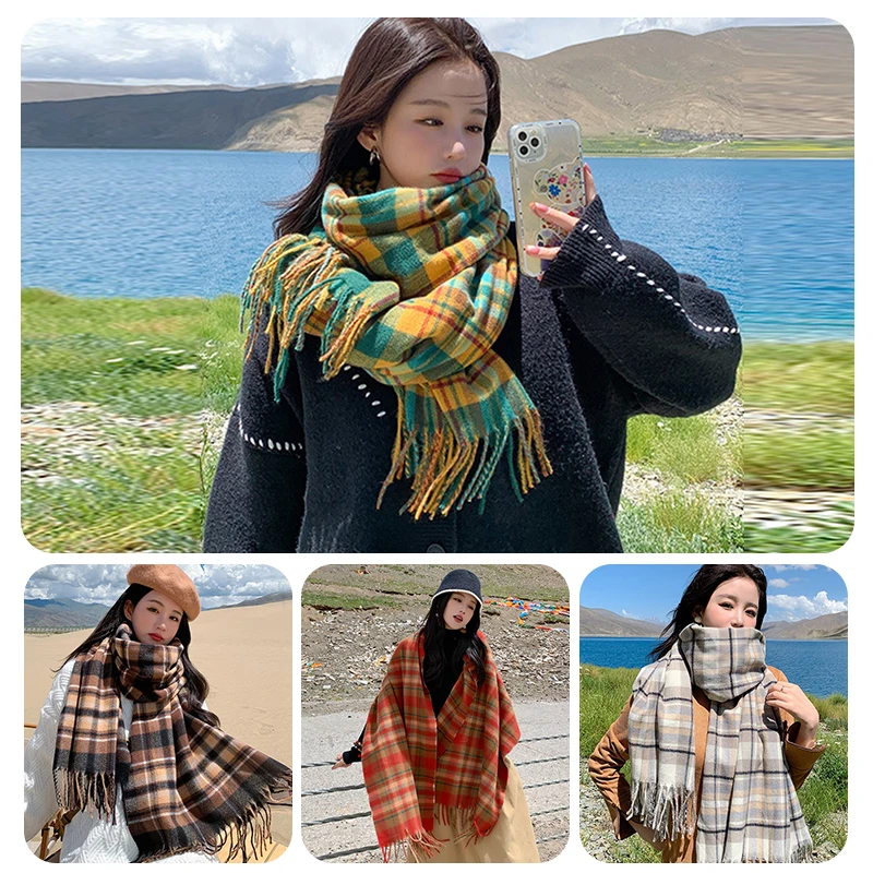 

Tassel Lattice Long Shawls Black Beige Green Checked Imitation Cashmere Scarves Pashmina Soft Warm Hijabs Scarf Preppy Style