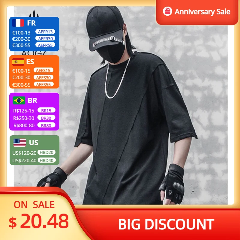 

Асимметричная футболка AOGZ в стиле Харадзюку, Techwear с рукавом до локтя, тактическая футболка ниндзя, уличная одежда в стиле хип-хоп, Повседневная Свободная летняя футболка