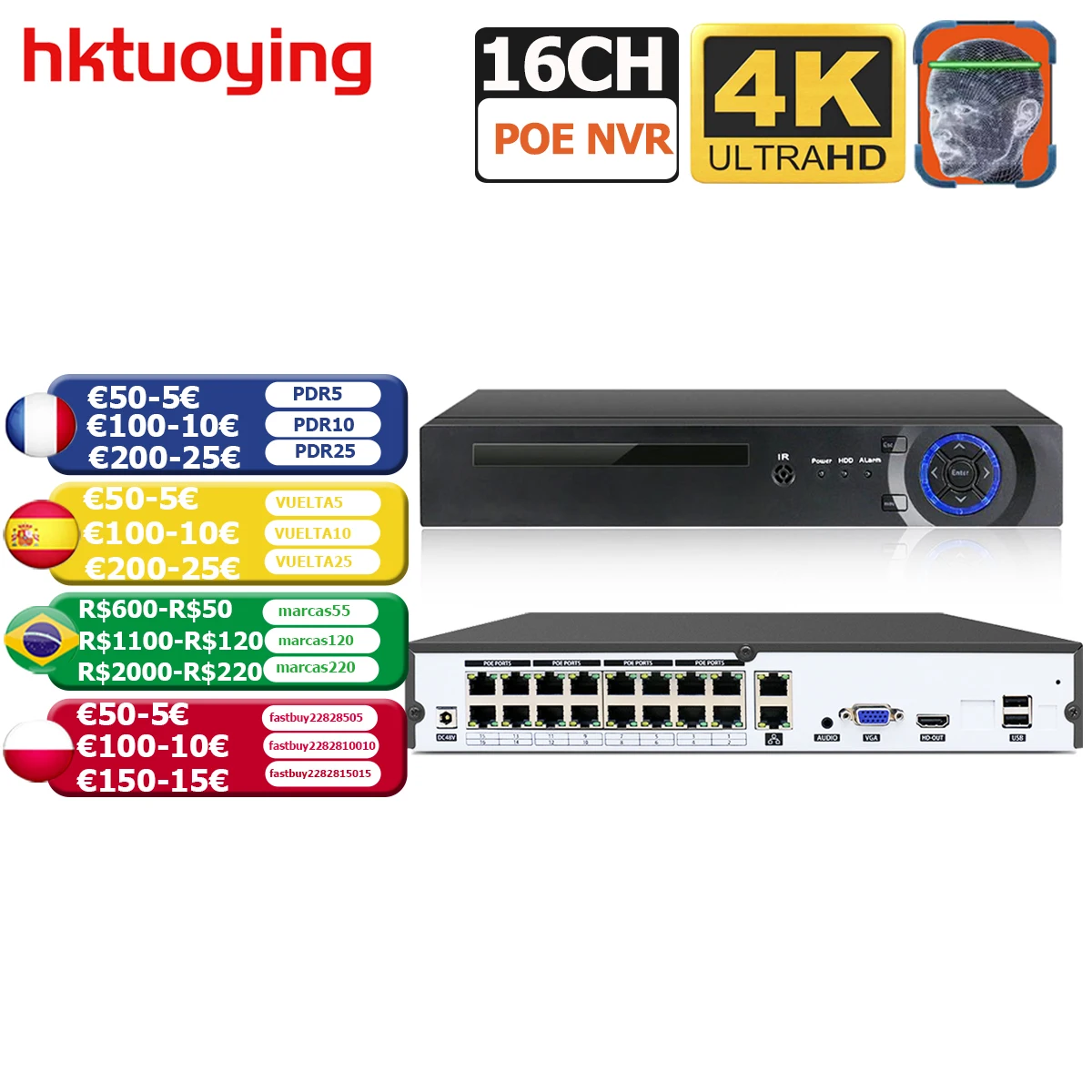 Сетевой видеорегистратор 16Ch 8CH 4K 8MP H.265 PoE 4CH для HD 3MP 4MP 5MP IP-камера распознавание