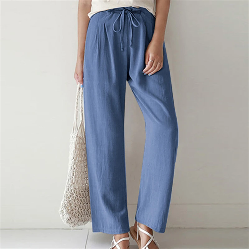 

Women 2023 Summer NewCasual Loose Oversized Long Trousers Fashion Cotton Linen Pockets Wide-Leg Pants Drawstring Solid Pantalon