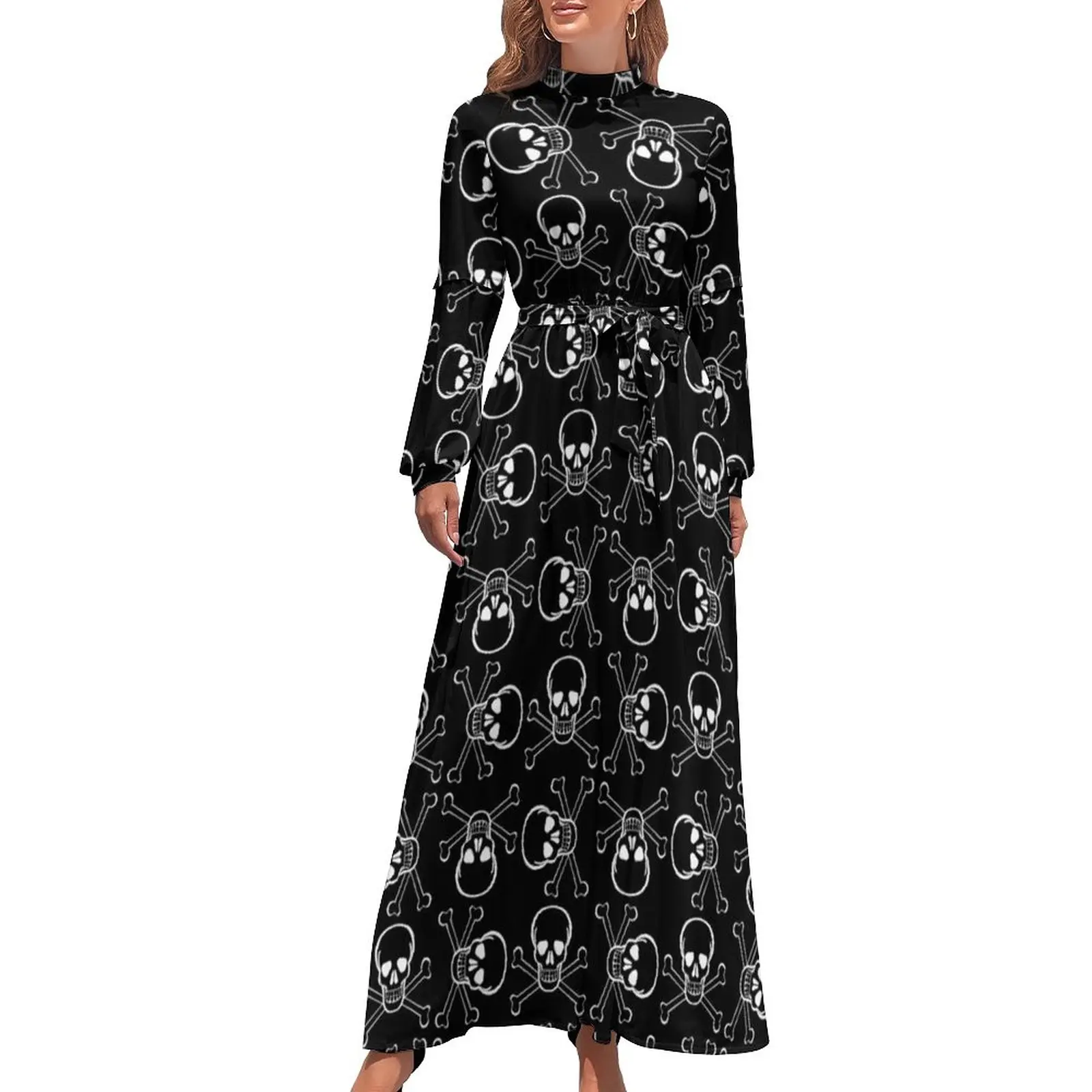 

Gothic Print Dress White Skulls and Crossbones Aesthetic Beach Dresses Women Long Sleeve High Neck Elegant Long Maxi Dress