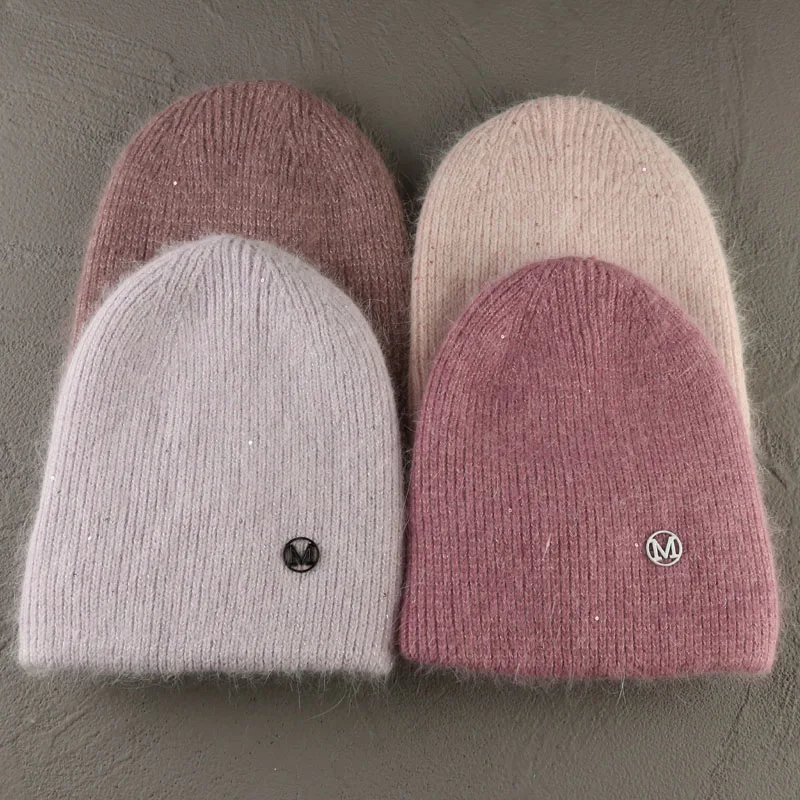 Winter Sequins Knitted Hat for Women Soft Rabbit Fur Warm Skullies Beanie Female Designer Letter M Bonnet Woman Thick Skiing Cap