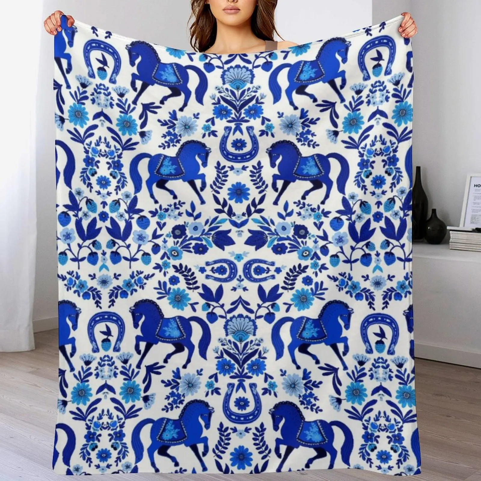 Одеяло в стиле ретро с изображением Синей Лошади симпатичное клетчатое