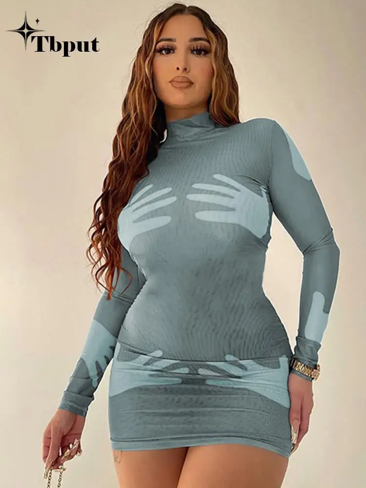 

Women Sexy Printed Palm Bodycon Dresses Female Full Sleeve High Collor Dress 2023 Fashion Middle-Waisted Party Clubwear